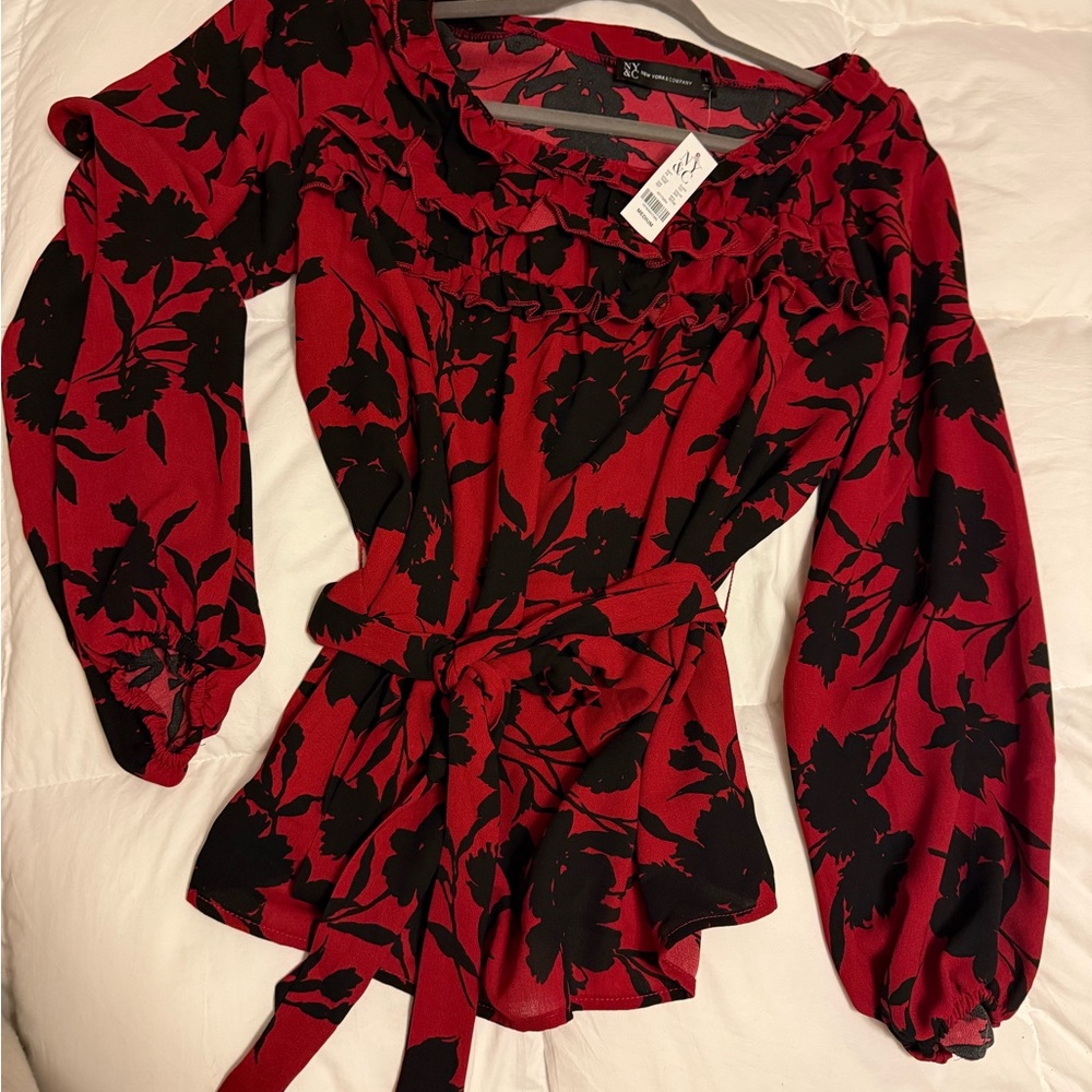New York & Company Red Smocked Tie Front Blouse